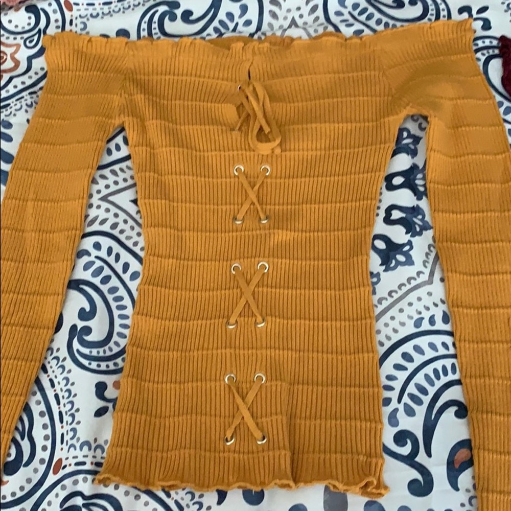 Long sleeve lace up detail off the shoulder top